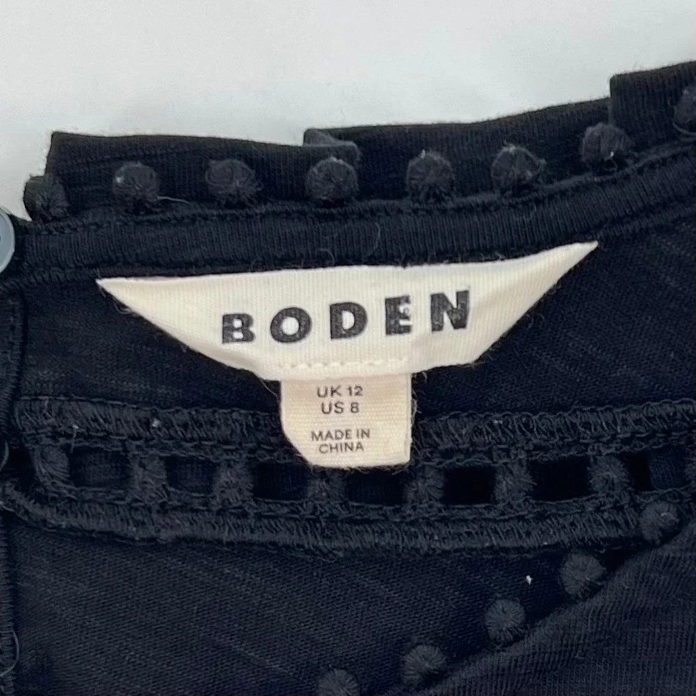 Boden Womens Mila Pom Pom Trim Short Puff Sleeve Top Size 8 Black Cotton Boho